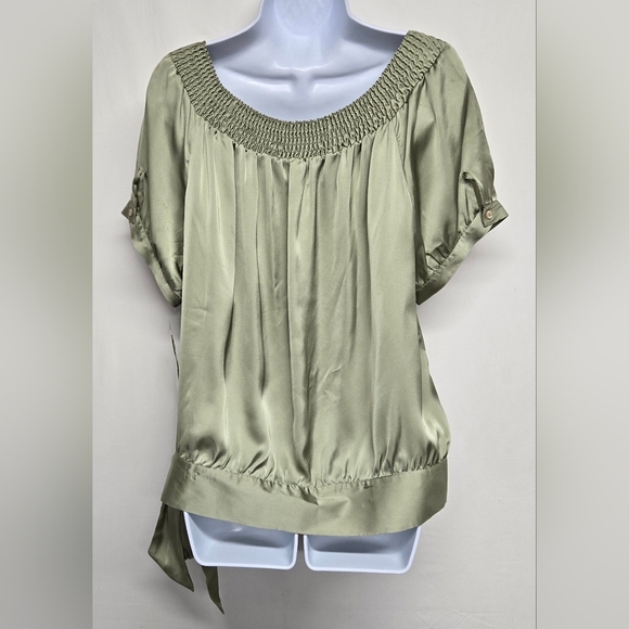 Agora New L Silky Smooth Feel Pullover Top Elastic Neck Side Tie Sage Color - Picture 6 of 10